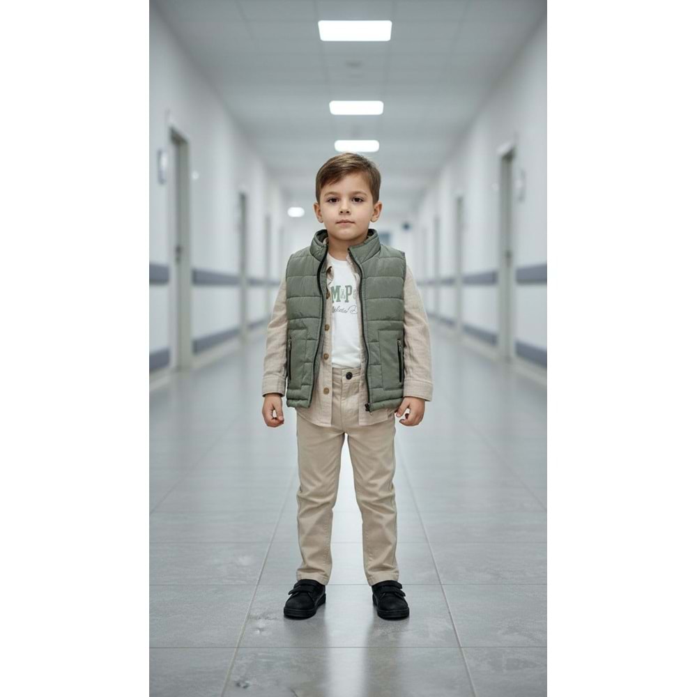 Ecoo Kids 3725 Yelekli Müslin Gömlekli 4lü Erkek Takım 1 Yaş HAKİ