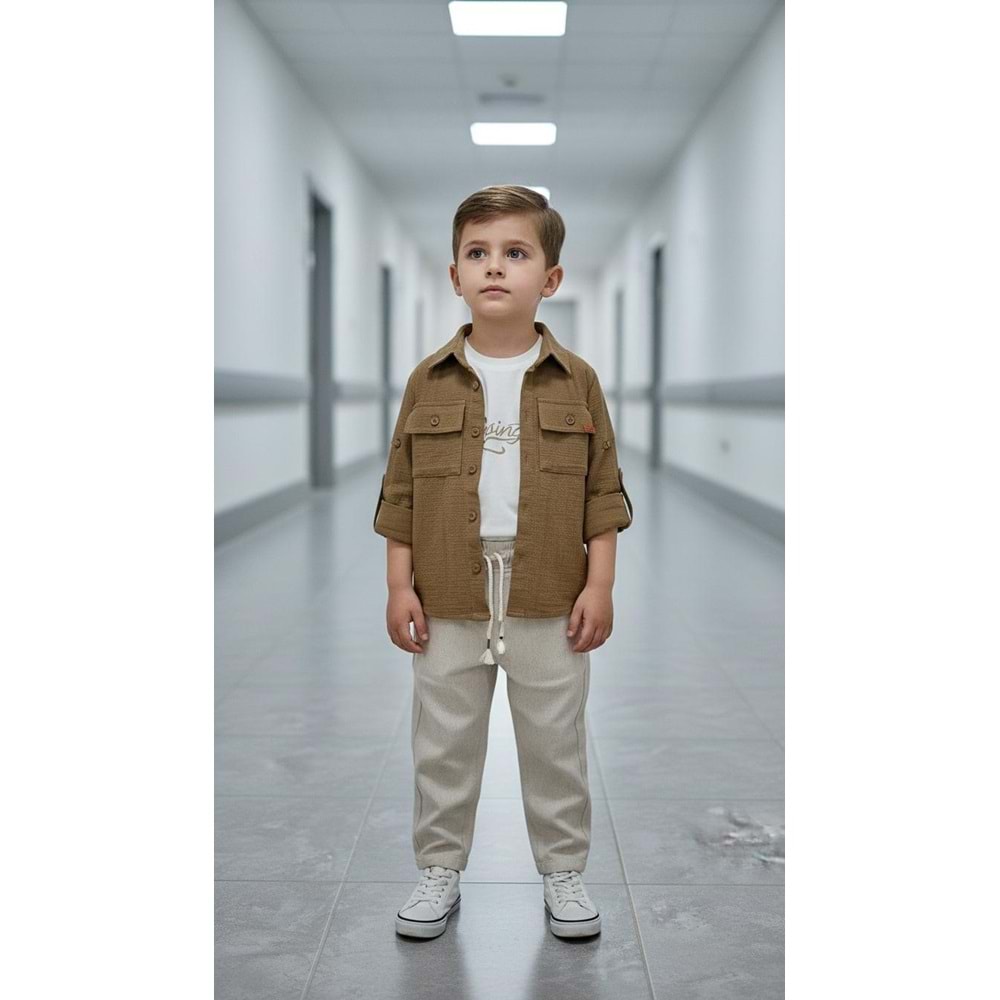 Ecoo Kids 3701 Gabardin Pantolon Müslin Gömlekli 3lü Erkek Takım 5 Yaş HAKİ