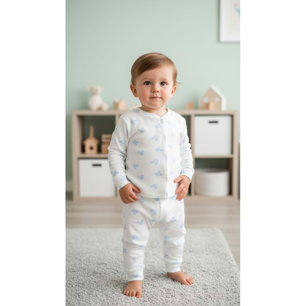 Minipety Önden Çıtçıtlı Pijama Takımı Mickey 0-3 Ay MAVİ