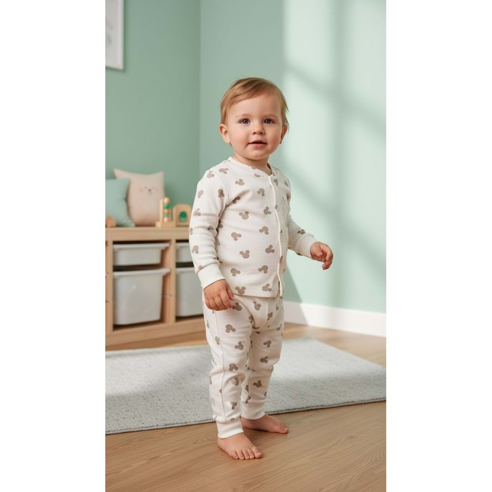 Minipety Önden Çıtçıtlı Pijama Takımı Mickey 6-9 Ay KAHVE