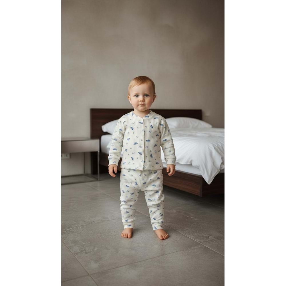 Minipety Önden Çıtçıtlı Pijama Takımı Arabalı 0-3 Ay MAVİ