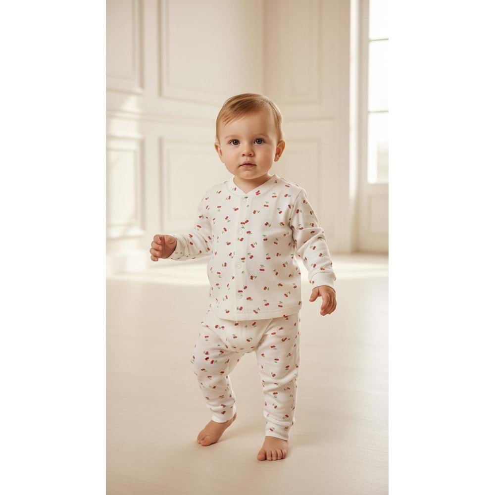 Minipety Önden Çıtçıtlı Pijama Takımı Kiraz 3-6 Ay KIRMIZI