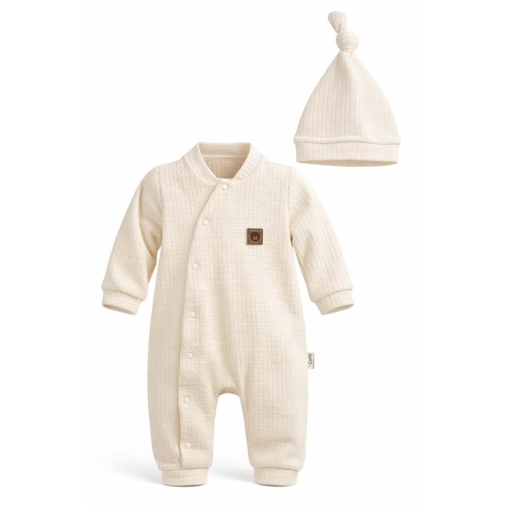 Colbi Baby 3125 Jakarlı Deri Armalı Yandan Çıtçıtlı Patiksiz Şapkalı Tulum