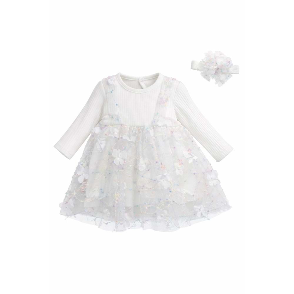 Minilay 1183 Çiçekli 2li Kız Elbise 9 Ay BEYAZ