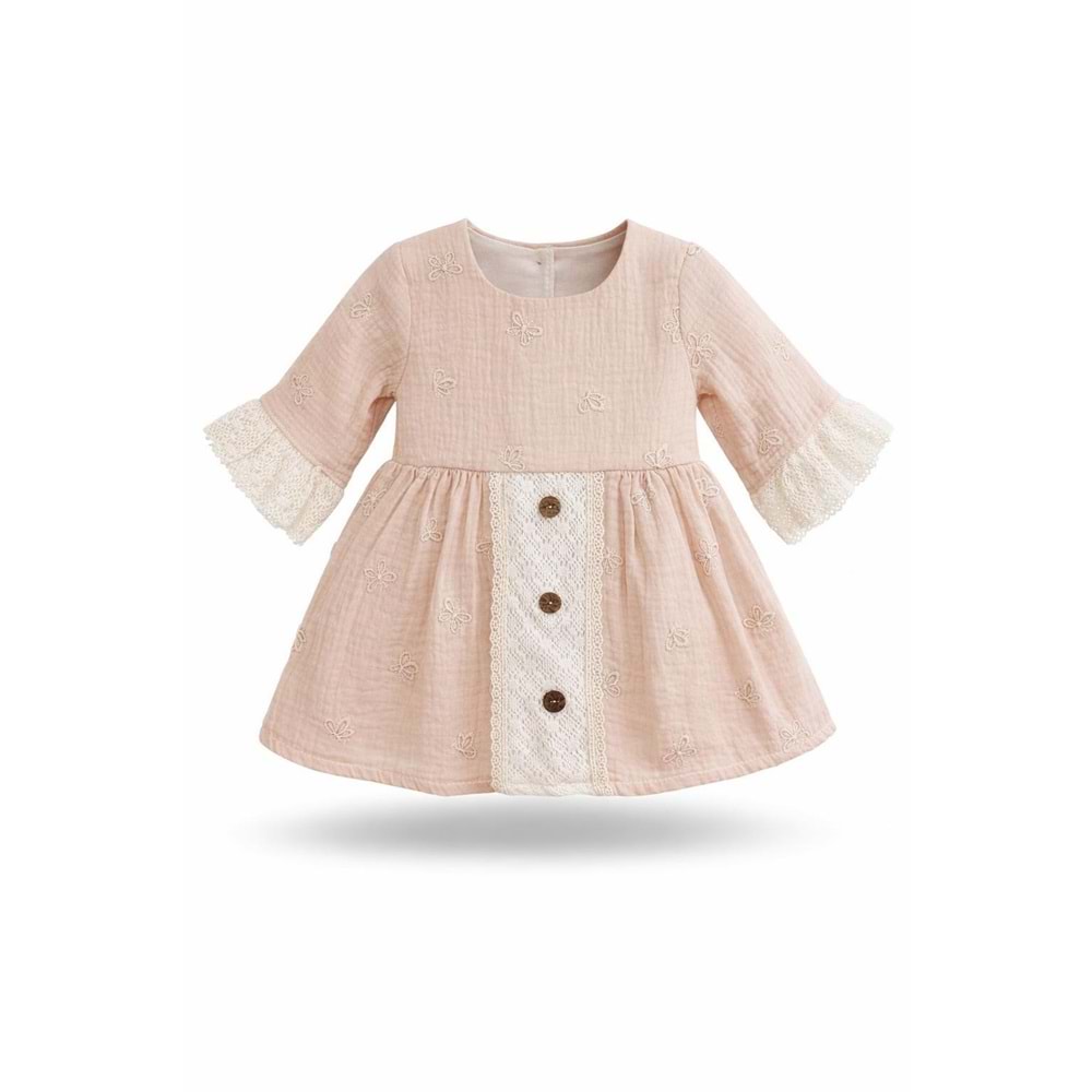 Minino 1341 Kelebek Nakışlı Müslin Elbise