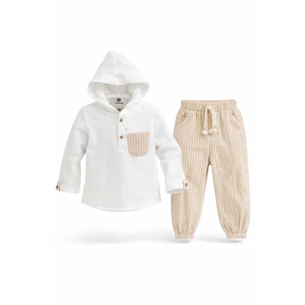 Karavan Baby 2502 Çizgili Kapüşonlu 2li Takım 4-5 Yaş BEJ