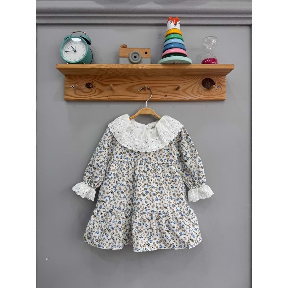 So Pearl 5014 Yaka Gipürlü Çiçek Desenli Keten Elbise