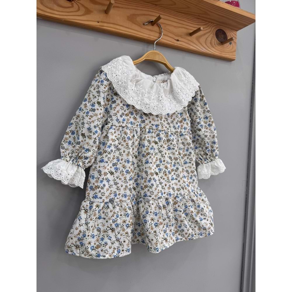 So Pearl 5014 Yaka Gipürlü Çiçek Desenli Keten Elbise