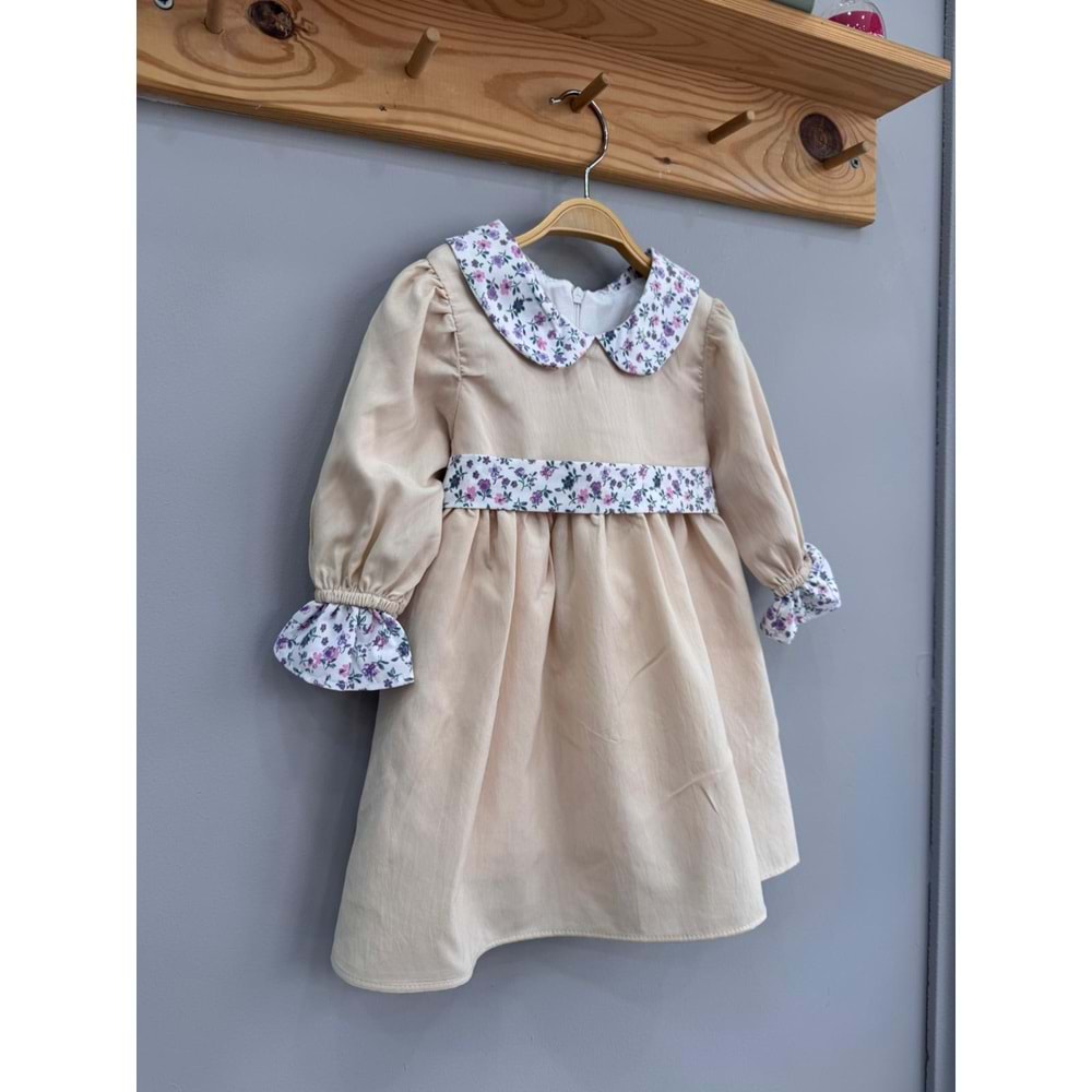 So Pearl 5015 Yaka ve Kol Ucu Çiçek Desenli Elbise 2-3 Yaş Ekru