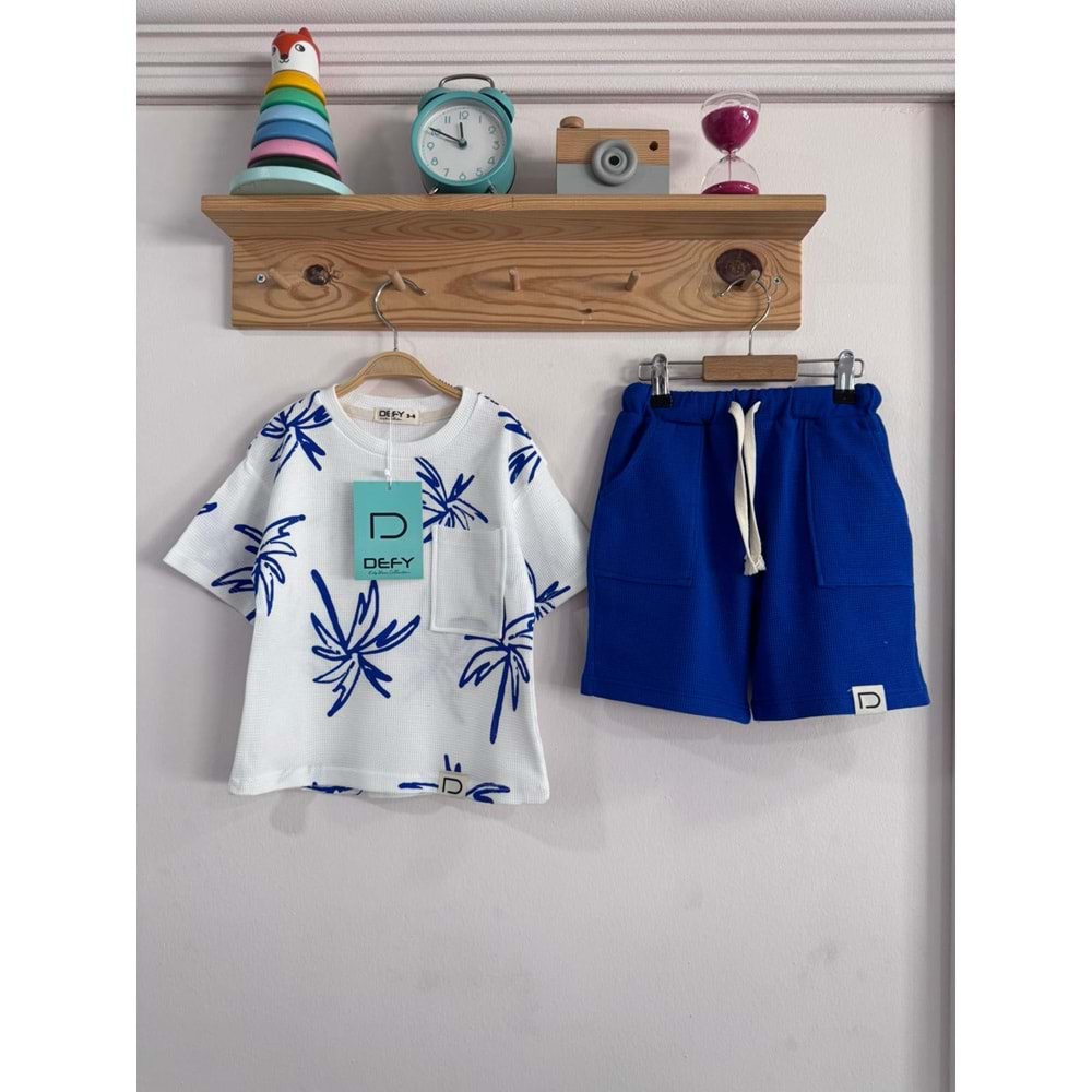 Defy Kids Palmiye Desenli Waffle 2li Erkek Şortlu Takım 9-10 Yaş Mavi