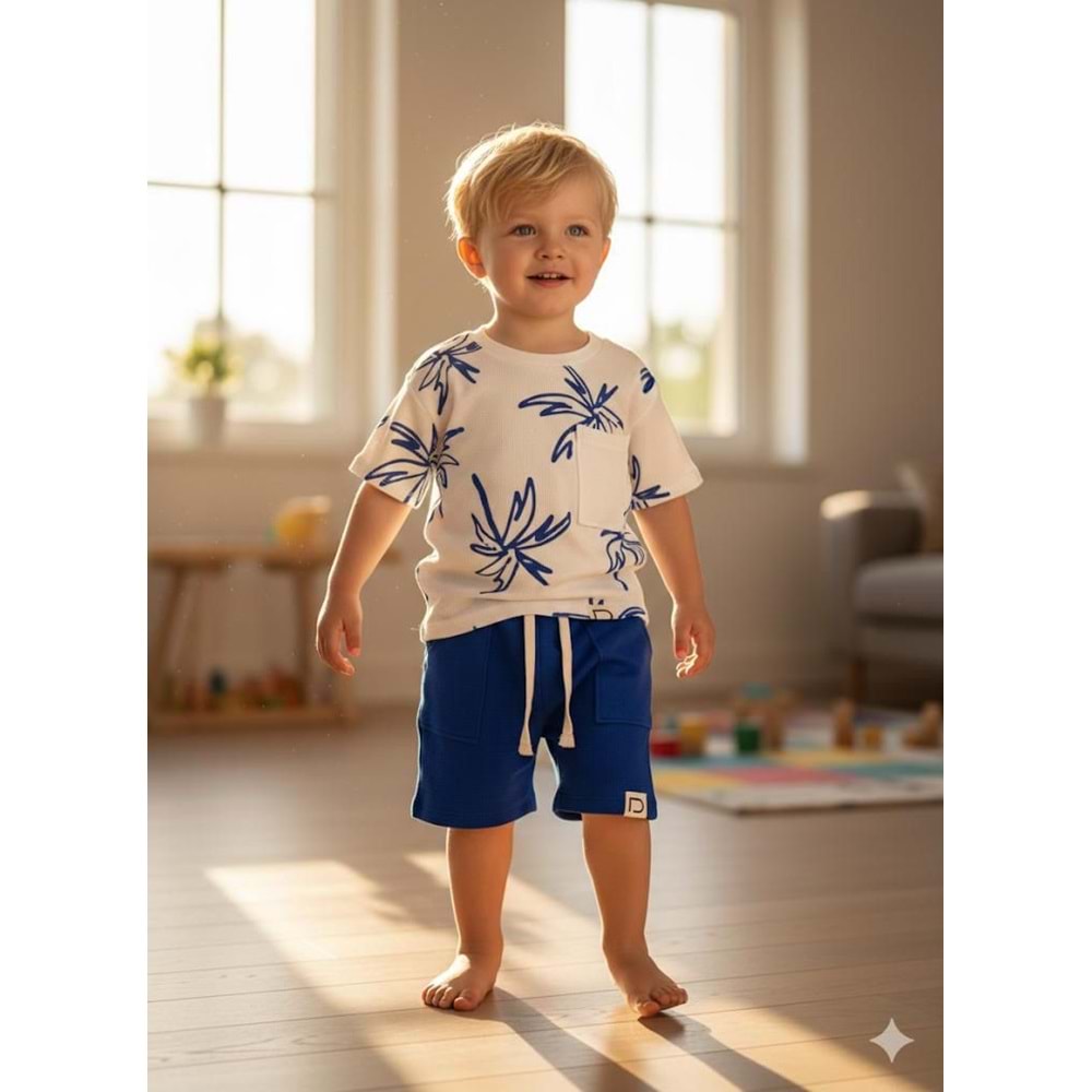 Defy Kids Palmiye Desenli Waffle 2li Erkek Şortlu Takım