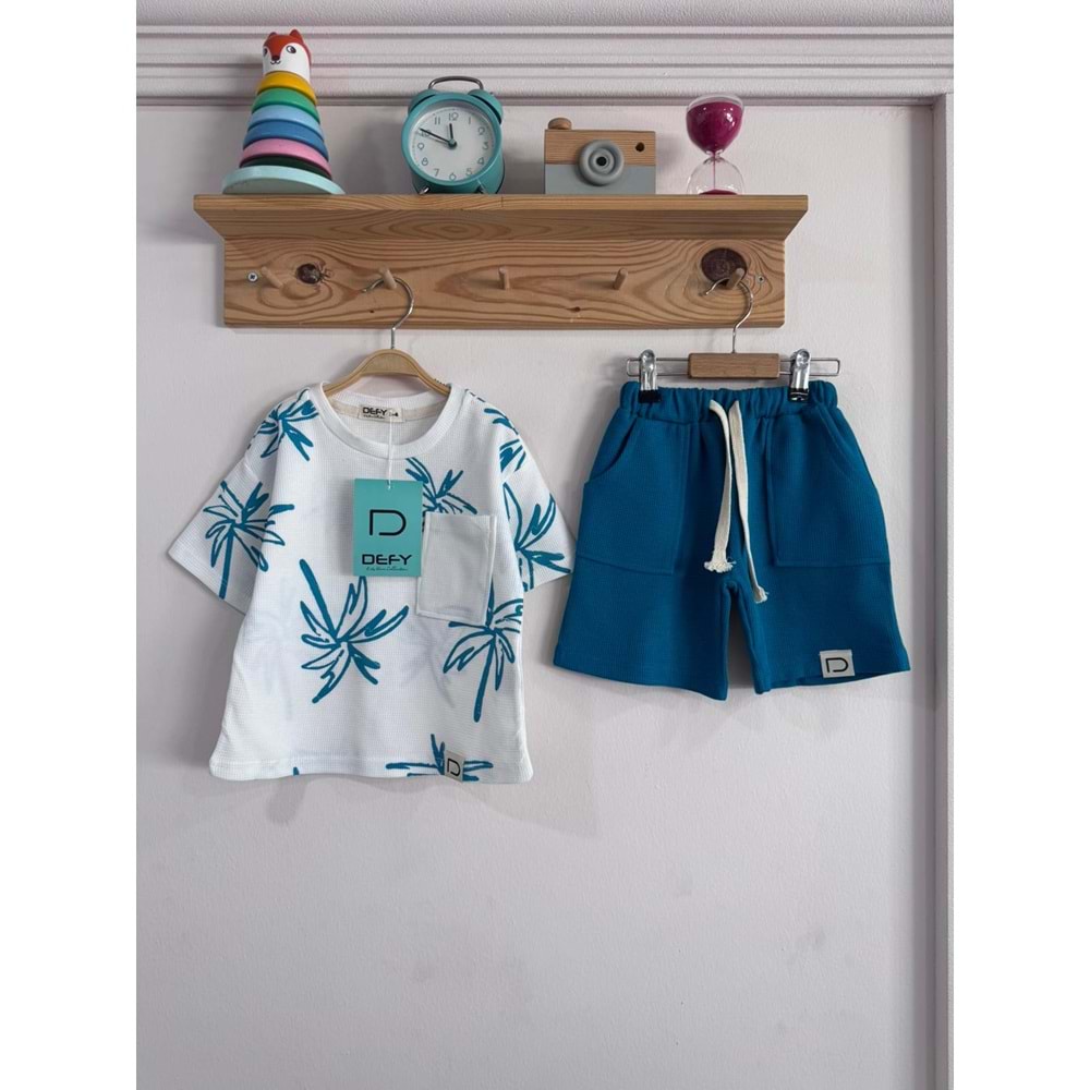 Defy Kids Palmiye Desenli Waffle 2li Erkek Şortlu Takım