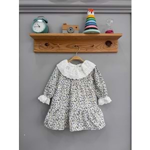 So Pearl 5014 Yaka Gipürlü Çiçek Desenli Keten Elbise