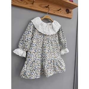 So Pearl 5014 Yaka Gipürlü Çiçek Desenli Keten Elbise