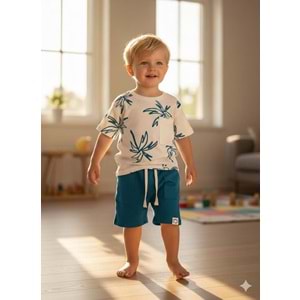 Defy Kids Palmiye Desenli Waffle 2li Erkek Şortlu Takım