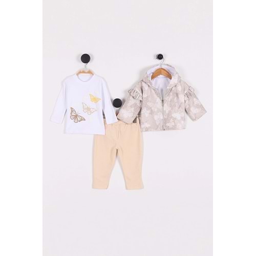 Zeo Kids 2204 Kelebekli Yağmurluk 3lü Takım 6 Ay Krem