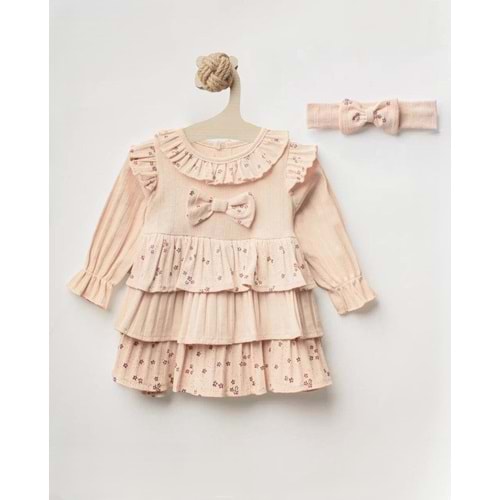 Colbi Baby 5106 Katlı Çiçek Desenli Uzun Kol Elbise 9-12 Ay