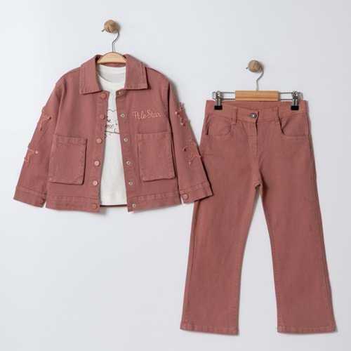 Ecoo Kids 3675 Yıldızlı Cep Detaylı 3lü Kız Takım 8 Yaş GÜL KURUSU