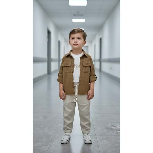 Ecoo Kids 3701 Gabardin Pantolon Müslin Gömlekli 3lü Erkek Takım 5 Yaş HAKİ