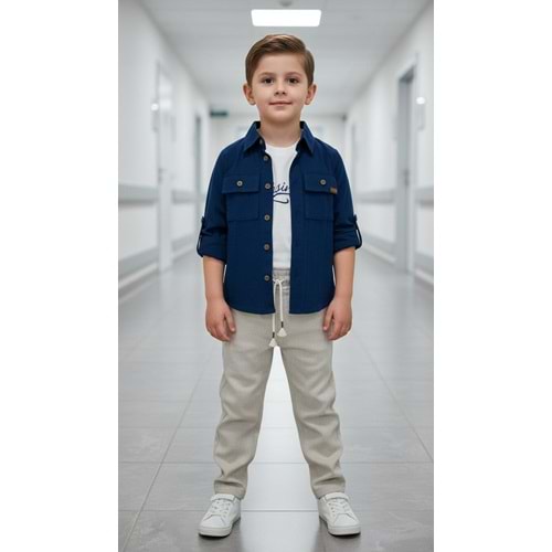 Ecoo Kids 3701 Gabardin Pantolon Müslin Gömlekli 3lü Erkek Takım 5 Yaş LACİVERT