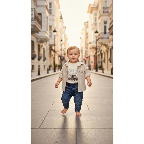 Comfort Baby Keten Gömlekli Araba Baskılı 3lü Takım 12 Ay KREM