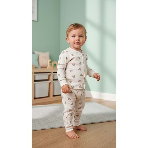 Minipety Önden Çıtçıtlı Pijama Takımı Mickey 6-9 Ay KAHVE
