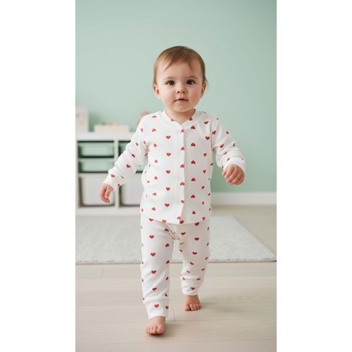 Minipety Önden Çıtçıtlı Pijama Takımı Kalpli 6-9 Ay KIRMIZI