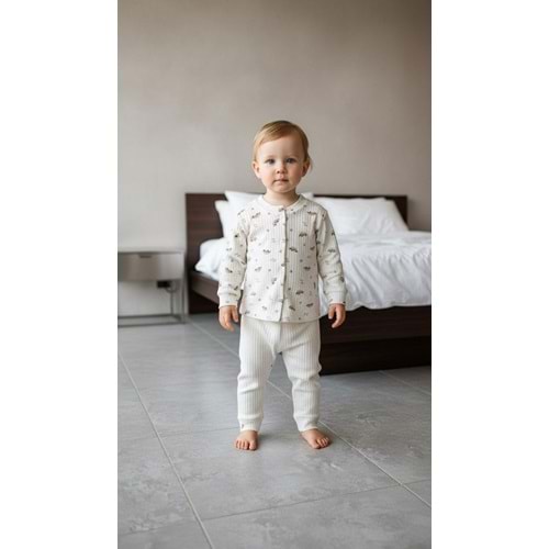 Minipety Önden Çıtçıtlı Pijama Takımı Arabalı 3-6 Ay KAHVE