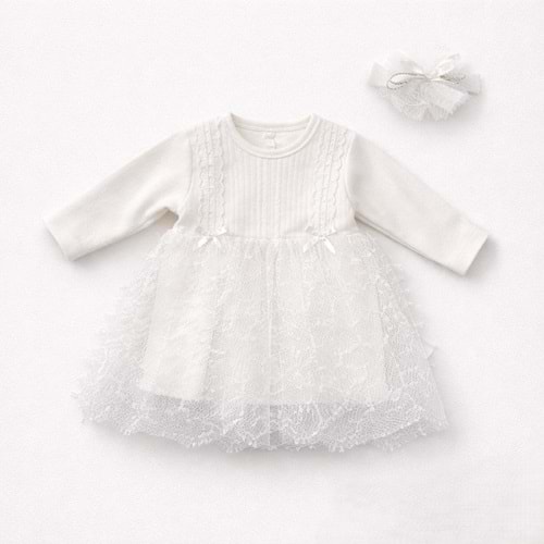 Minilay 1181 Şeritli Fiyonklu 2li Kız Elbise 9 Ay BEYAZ