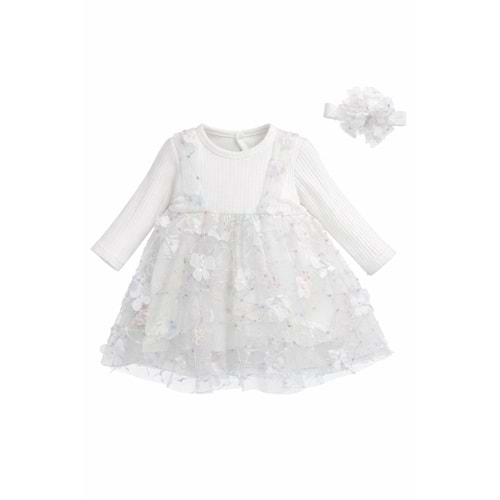 Minilay 1183 Çiçekli 2li Kız Elbise 9 Ay BEYAZ