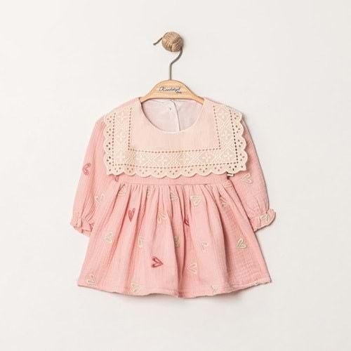 Minino 1366 Kalp Nakışlı Elbise 12-18 Ay PEMBE
