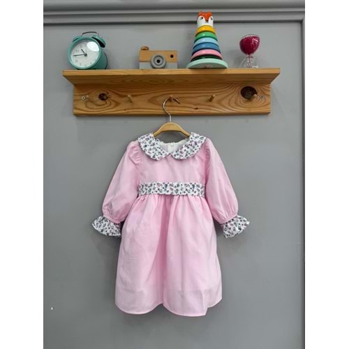 So Pearl 5015 Yaka ve Kol Ucu Çiçek Desenli Elbise 3-4 Yaş Pembe