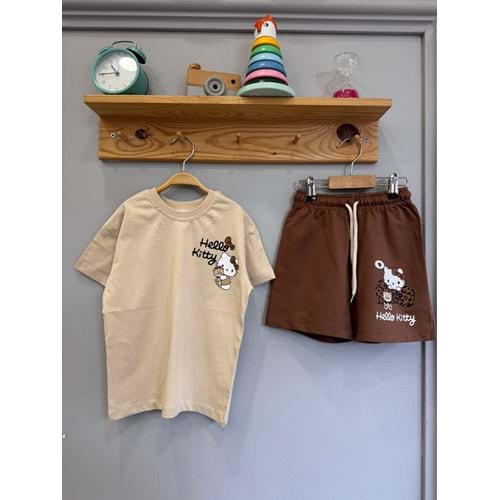 West Hello Kitty Baskılı 2li Kız Şortlu Takım 7-8 Yaş Kahverengi