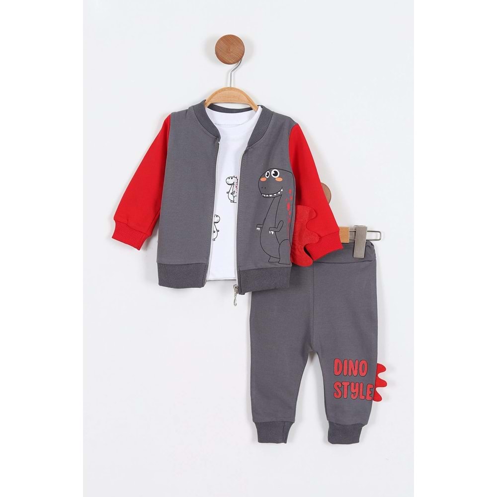 Zeo Kids 2136 Dino Hırkalı 3lü Takım 9 Ay ANTRASİT