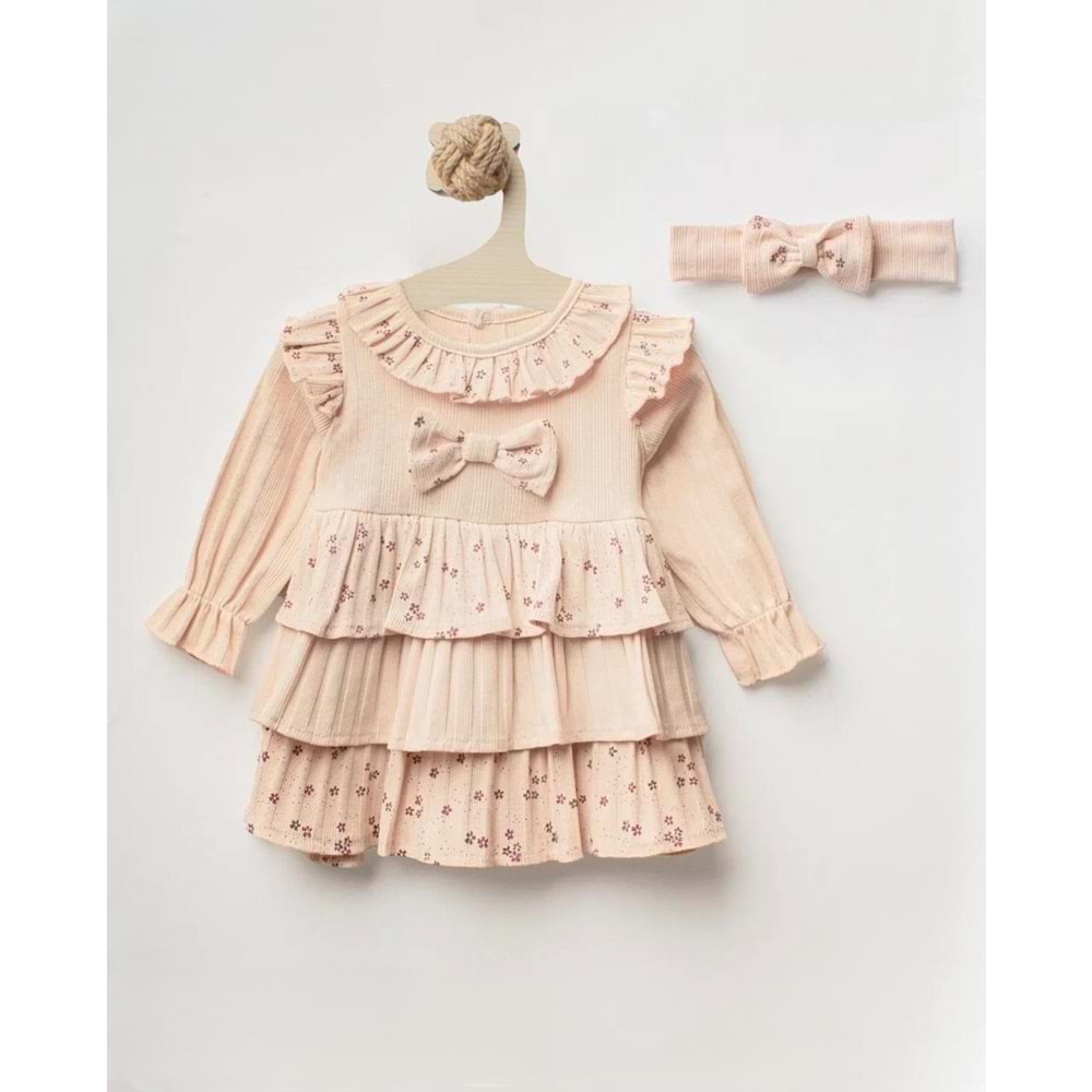 Colbi Baby 5106 Katlı Çiçek Desenli Uzun Kol Elbise