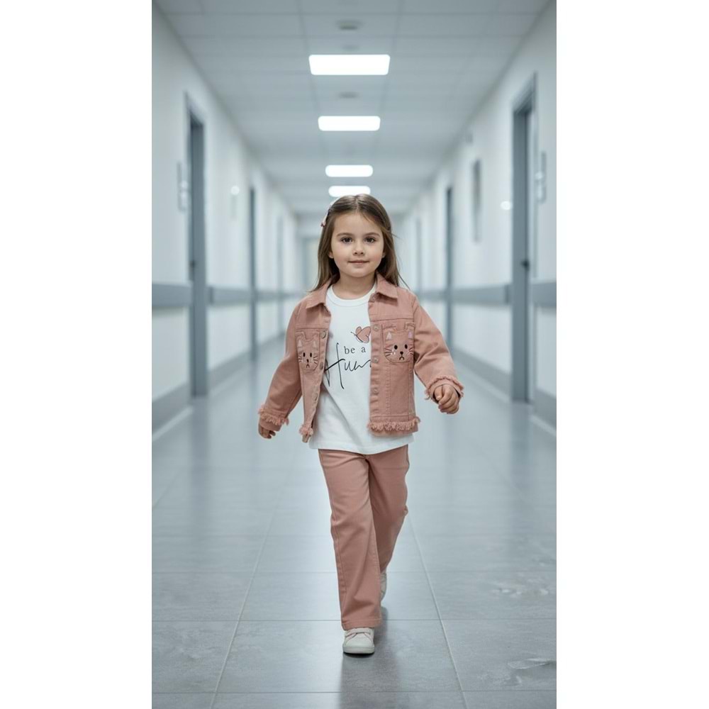 Ecoo 3664 Kedi Nakış Detaylı 3lü Takım 5 Yaş GÜL KURUSU