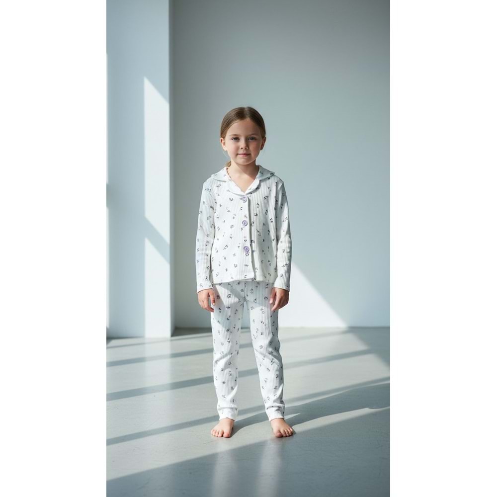 Limmo Kids Düğmeli Pijama Takımı Çiçekli 5 Yaş Mor