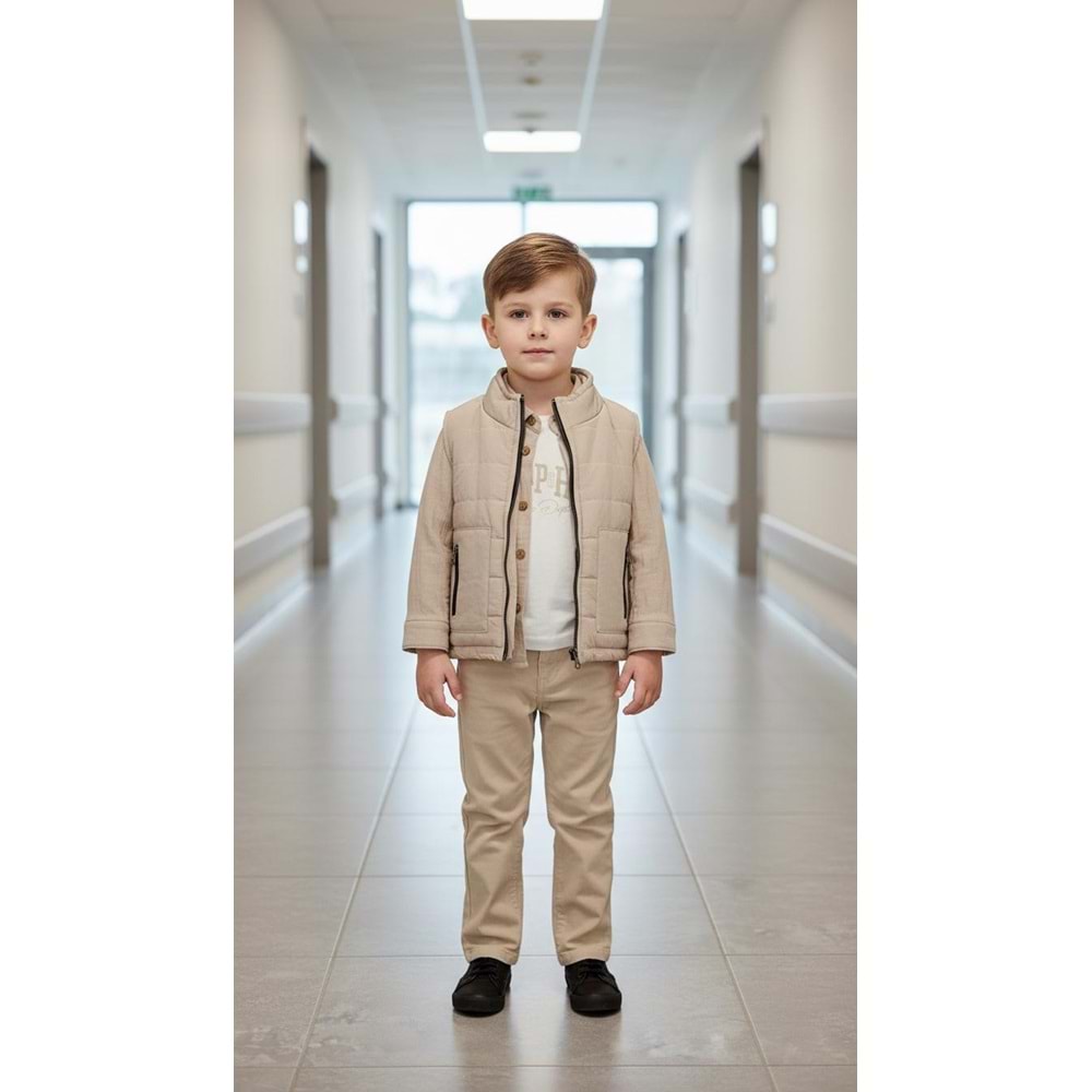 Ecoo Kids 3725 Yelekli Müslin Gömlekli 4lü Erkek Takım 4 Yaş BEJ