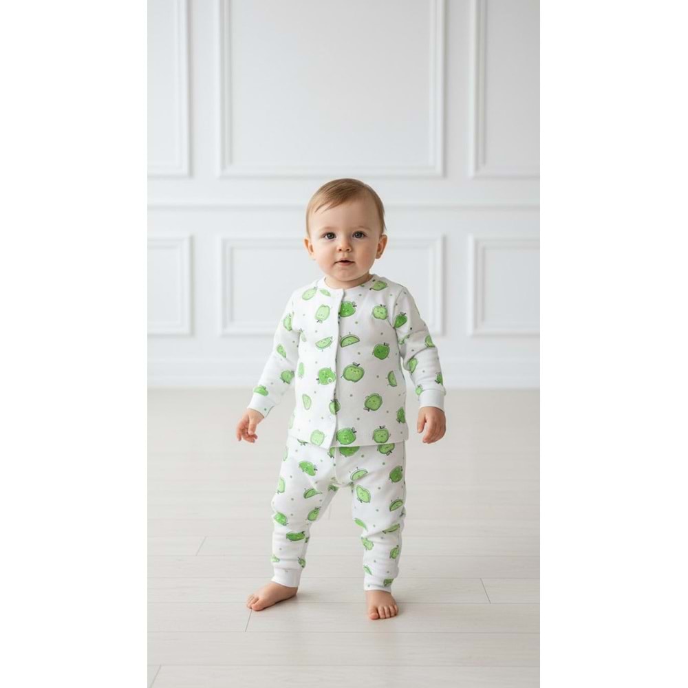 Minipety Önden Çıtçıtlı Pijama Takımı Elma 3-6 Ay YEŞİL
