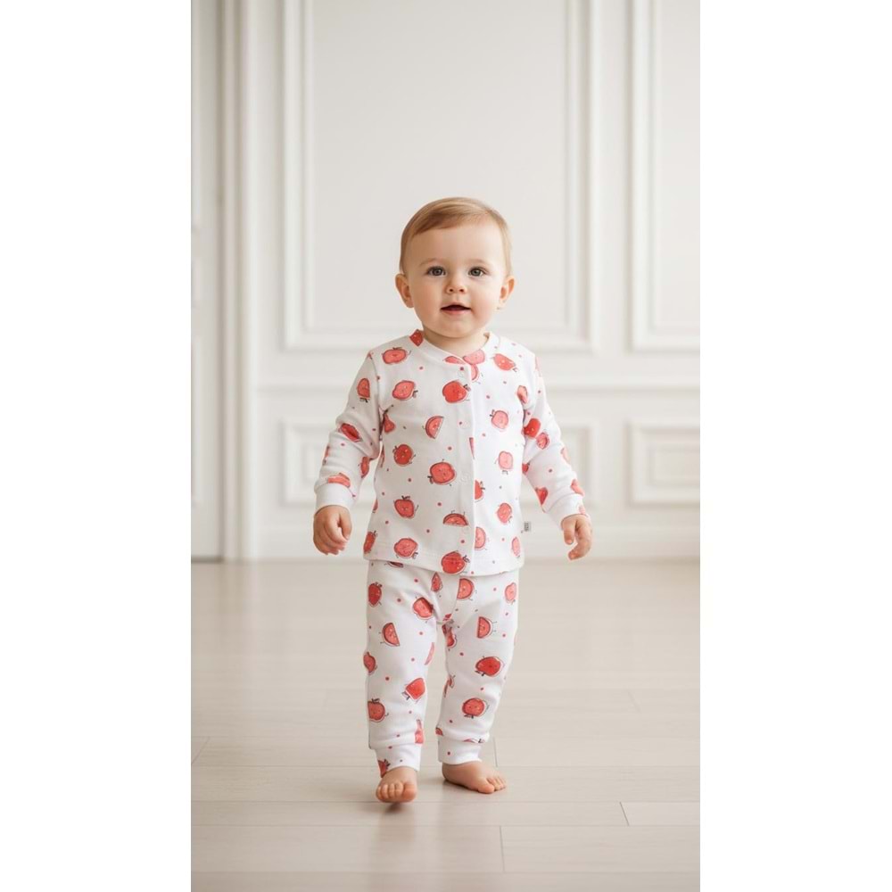 Minipety Önden Çıtçıtlı Pijama Takımı Elma 6-9 Ay KIRMIZI