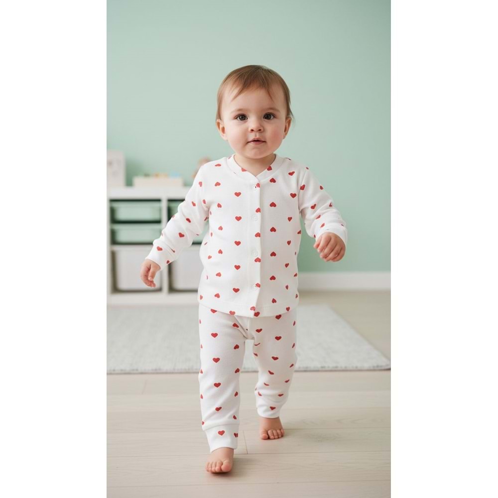 Minipety Önden Çıtçıtlı Pijama Takımı Kalpli 6-9 Ay KIRMIZI