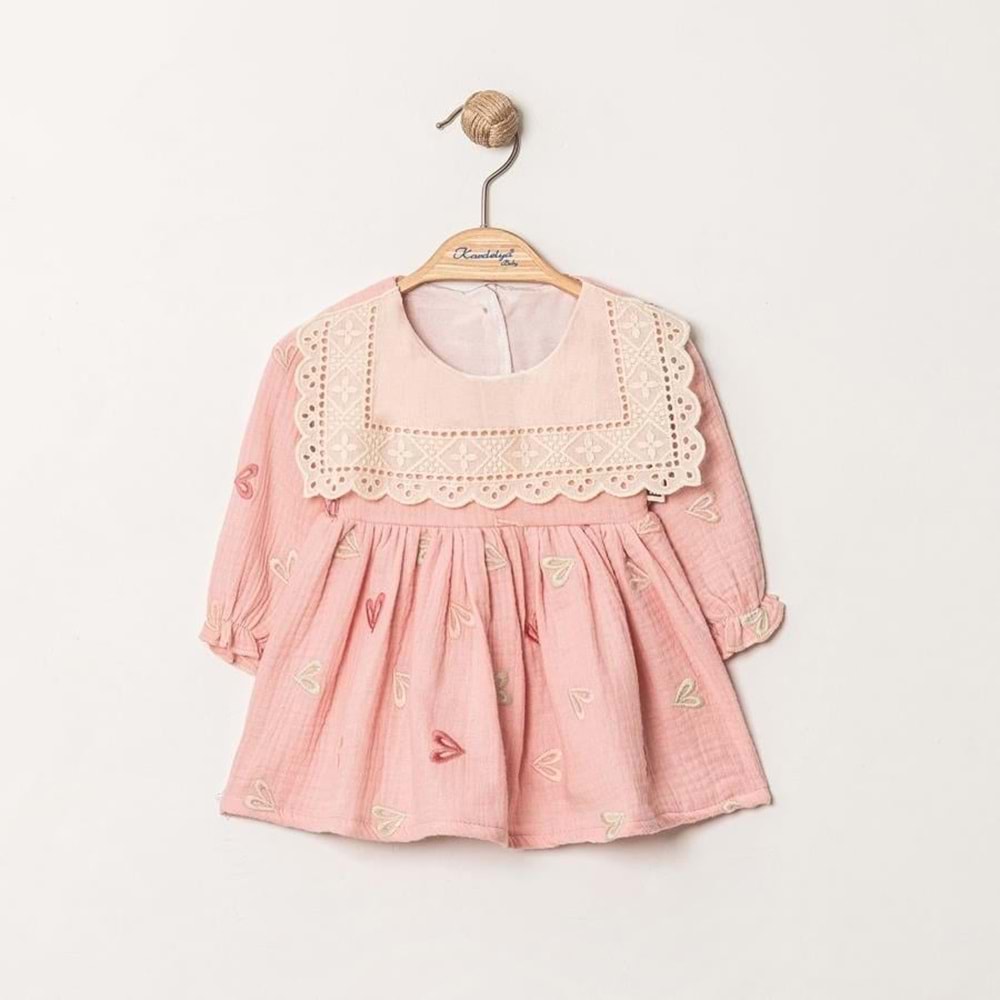 Minino 1366 Kalp Nakışlı Elbise 12-18 Ay PEMBE